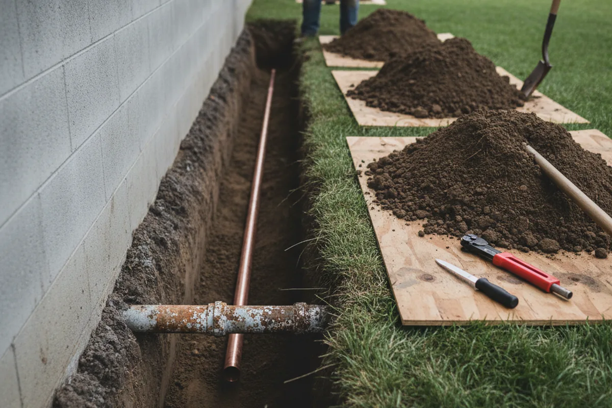 Excavated water line trench during Water Heater Repair in Eden